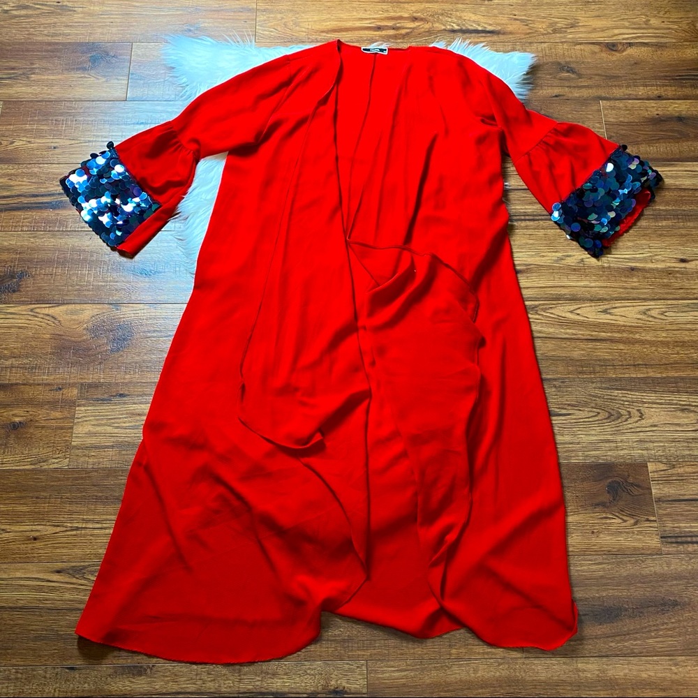 Víadel Red/Navy Unlined Top/Coat/Vest/Crepe/Kaftan Size 44 US L Unique Piece